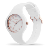 ICE glam - white rose gold numbers - extra small- 3h-Montres femme-Marque: Tendance et moderne, la ICE glam White Rose-Gold allie élégance et sobriété pour un look tout en simplicité ! Munie d’un bracelet blanc en silicone ultra souple et de détails rose-gold, cette montre extra-small saura s’adapter à toutes vos tenues, de jour comme de soirée ! Son atout ? Ses chiffres dorés à la fois pratiques et discrets vous donneront l’heure avec style et précision. Référence: 015343 CollectionICE glam Couleur(s)Blanc